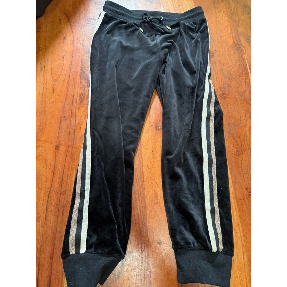 Skinny Girl Jeans Velour Track‎ Pants Black Side Stripe Cuffed Joggers L Y2K